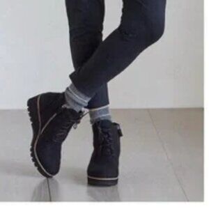 EILEEN FISHER FELTED WOOL BOOTIES ZIPPER LACE-UP WEDGE HEEL sz 7.5